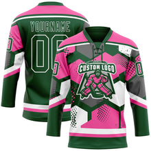 Load image into Gallery viewer, Custom Pink Green-White 3D Pattern Geometric Shape Hockey Lace Neck Jersey