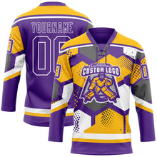 Charger l'image dans la galerie, Custom Gold Purple-White 3D Pattern Geometric Shape Hockey Lace Neck Jersey