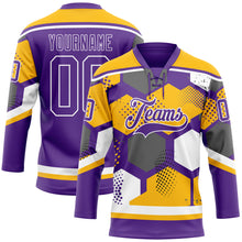 Charger l'image dans la galerie, Custom Gold Purple-White 3D Pattern Geometric Shape Hockey Lace Neck Jersey