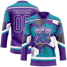 Load image into Gallery viewer, Custom Teal Purple-White 3D Pattern Geometric Shape Hockey Lace Neck Jersey