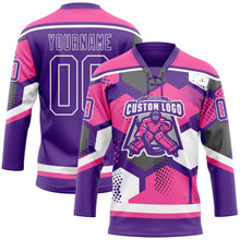 Load image into Gallery viewer, Custom Pink Purple-White 3D Pattern Geometric Shape Hockey Lace Neck Jersey