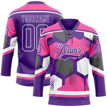 Load image into Gallery viewer, Custom Pink Purple-White 3D Pattern Geometric Shape Hockey Lace Neck Jersey