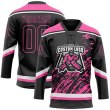 Load image into Gallery viewer, Custom Black Pink-White 3D Splash Art Hockey Lace Neck Jersey