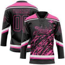 Load image into Gallery viewer, Custom Black Pink-White 3D Splash Art Hockey Lace Neck Jersey