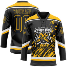 Load image into Gallery viewer, Custom Black Gold-White 3D Splash Art Hockey Lace Neck Jersey