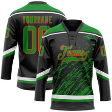 Load image into Gallery viewer, Custom Black Grass Green Orange-White 3D Splash Art Hockey Lace Neck Jersey