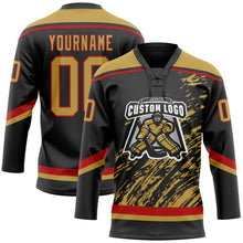 Load image into Gallery viewer, Custom Black Old Gold Red-White 3D Splash Art Hockey Lace Neck Jersey