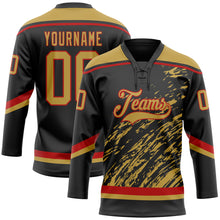 Load image into Gallery viewer, Custom Black Old Gold Red-White 3D Splash Art Hockey Lace Neck Jersey