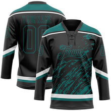 Load image into Gallery viewer, Custom Black Teal-White 3D Splash Art Hockey Lace Neck Jersey