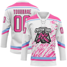 Load image into Gallery viewer, Custom White Pink Light Blue-Black 3D Splash Art Hockey Lace Neck Jersey