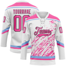 Load image into Gallery viewer, Custom White Pink Light Blue-Black 3D Splash Art Hockey Lace Neck Jersey