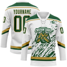 Load image into Gallery viewer, Custom White Green-Old Gold 3D Splash Art Hockey Lace Neck Jersey