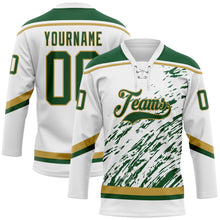 Load image into Gallery viewer, Custom White Green-Old Gold 3D Splash Art Hockey Lace Neck Jersey