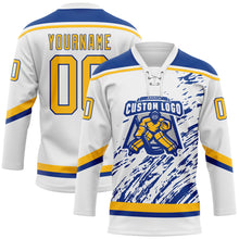Laden Sie das Bild in den Galerie-Viewer, Custom White Gold-Royal 3D Splash Art Hockey Lace Neck Jersey
