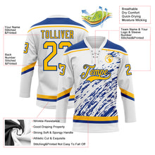 Laden Sie das Bild in den Galerie-Viewer, Custom White Gold-Royal 3D Splash Art Hockey Lace Neck Jersey