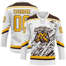 Laden Sie das Bild in den Galerie-Viewer, Custom White Gold-Brown 3D Splash Art Hockey Lace Neck Jersey