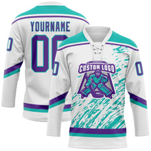 Load image into Gallery viewer, Custom White Purple-Aqua 3D Splash Art Hockey Lace Neck Jersey