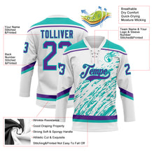 Load image into Gallery viewer, Custom White Purple-Aqua 3D Splash Art Hockey Lace Neck Jersey