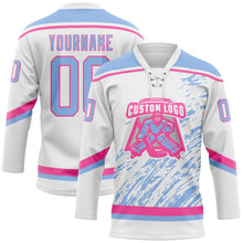Load image into Gallery viewer, Custom White Light Blue-Pink 3D Splash Art Hockey Lace Neck Jersey