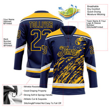 Загрузить изображение в средство просмотра галереи, Custom Navy Gold-White 3D Splash Art Hockey Lace Neck Jersey