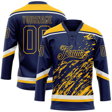 Загрузить изображение в средство просмотра галереи, Custom Navy Gold-White 3D Splash Art Hockey Lace Neck Jersey