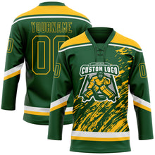 Загрузить изображение в средство просмотра галереи, Custom Green Gold-White 3D Splash Art Hockey Lace Neck Jersey