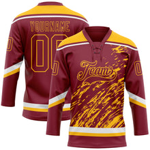Load image into Gallery viewer, Custom Crimson Gold-White 3D Splash Art Hockey Lace Neck Jersey