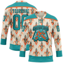 Charger l'image dans la galerie, Custom Cream Teal Orange-Black 3D Pattern Native Americans Tribal Indigenous People Hockey Lace Neck Jersey