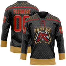 Загрузить изображение в средство просмотра галереи, Custom Black Red-Old Gold 3D Pattern Native Americans Tribal Indigenous People Hockey Lace Neck Jersey