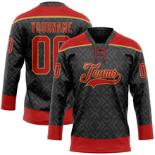 Charger l'image dans la galerie, Custom Black Red-Old Gold 3D Pattern Native Americans Tribal Indigenous People Hockey Lace Neck Jersey