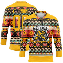 Load image into Gallery viewer, Custom Gold Black 3D Pattern Native Americans Tribal Indigenous People Hockey Lace Neck Jersey
