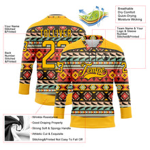 Load image into Gallery viewer, Custom Gold Black 3D Pattern Native Americans Tribal Indigenous People Hockey Lace Neck Jersey