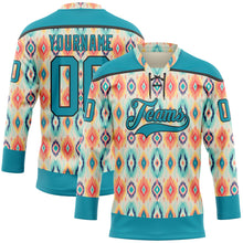 Charger l'image dans la galerie, Custom Cream Teal Orange-Black 3D Pattern Native Americans Tribal Indigenous People Hockey Lace Neck Jersey