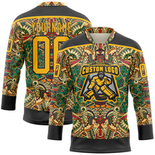 Load image into Gallery viewer, Custom Black Gold 3D Pattern Native Americans Tribal Indigenous People Hockey Lace Neck Jersey