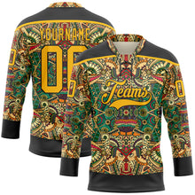 Load image into Gallery viewer, Custom Black Gold 3D Pattern Native Americans Tribal Indigenous People Hockey Lace Neck Jersey