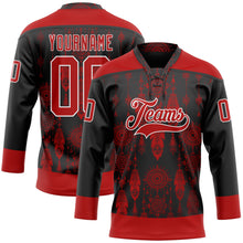 Load image into Gallery viewer, Custom Black Red-White 3D Pattern Native Americans Tribal Indigenous People Hockey Lace Neck Jersey