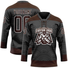 Load image into Gallery viewer, Custom Black Brown-White 3D Pattern Native Americans Tribal Indigenous People Hockey Lace Neck Jersey