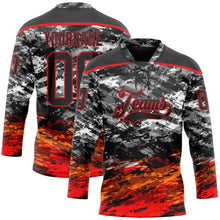 Charger l'image dans la galerie, Custom Camo Black-Fire Red 3D Camouflage Hockey Lace Neck Jersey