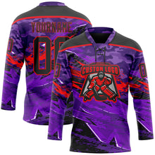 Charger l'image dans la galerie, Custom Camo Black Purple-Fire Red 3D Camouflage Grunge Hockey Lace Neck Jersey