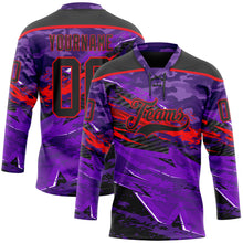 Charger l'image dans la galerie, Custom Camo Black Purple-Fire Red 3D Camouflage Grunge Hockey Lace Neck Jersey