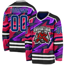 Load image into Gallery viewer, Custom Black US Navy Blue Purple Pink-White 3D Pattern Cyber Mecha E-sport Hockey Jersey