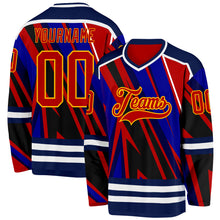 Загрузить изображение в средство просмотра галереи, Custom Blue Red Navy Yellow-White 3D Pattern Cyber Mecha E-sport Hockey Jersey