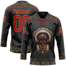 Load image into Gallery viewer, Custom Black Red-Old Gold 3D Pattern Native Americans Tribal Indigenous People Hockey Lace Neck Jersey