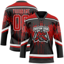 Charger l'image dans la galerie, Custom Black Red Steel Gray-White 3D Pattern Dripping Splatter Hockey Lace Neck Jersey