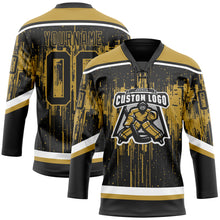 Load image into Gallery viewer, Custom Black Old Gold Steel Gray-White 3D Pattern Dripping Splatter Hockey Lace Neck Jersey