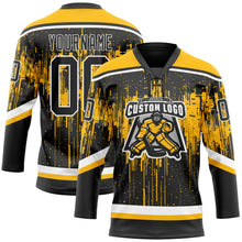 Load image into Gallery viewer, Custom Black Gold Steel Gray-White 3D Pattern Dripping Splatter Hockey Lace Neck Jersey