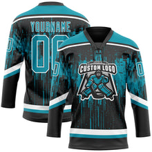 Load image into Gallery viewer, Custom Black Teal Steel Gray-White 3D Pattern Dripping Splatter Hockey Lace Neck Jersey