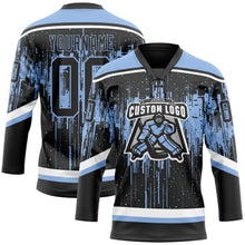 Load image into Gallery viewer, Custom Black Light Blue Steel Gray-White 3D Pattern Dripping Splatter Hockey Lace Neck Jersey