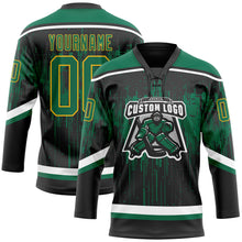 Laden Sie das Bild in den Galerie-Viewer, Custom Black Kelly Green Gold Steel Gray-White 3D Pattern Dripping Splatter Hockey Lace Neck Jersey