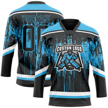Load image into Gallery viewer, Custom Black Sky Blue Steel Gray-White 3D Pattern Dripping Splatter Hockey Lace Neck Jersey